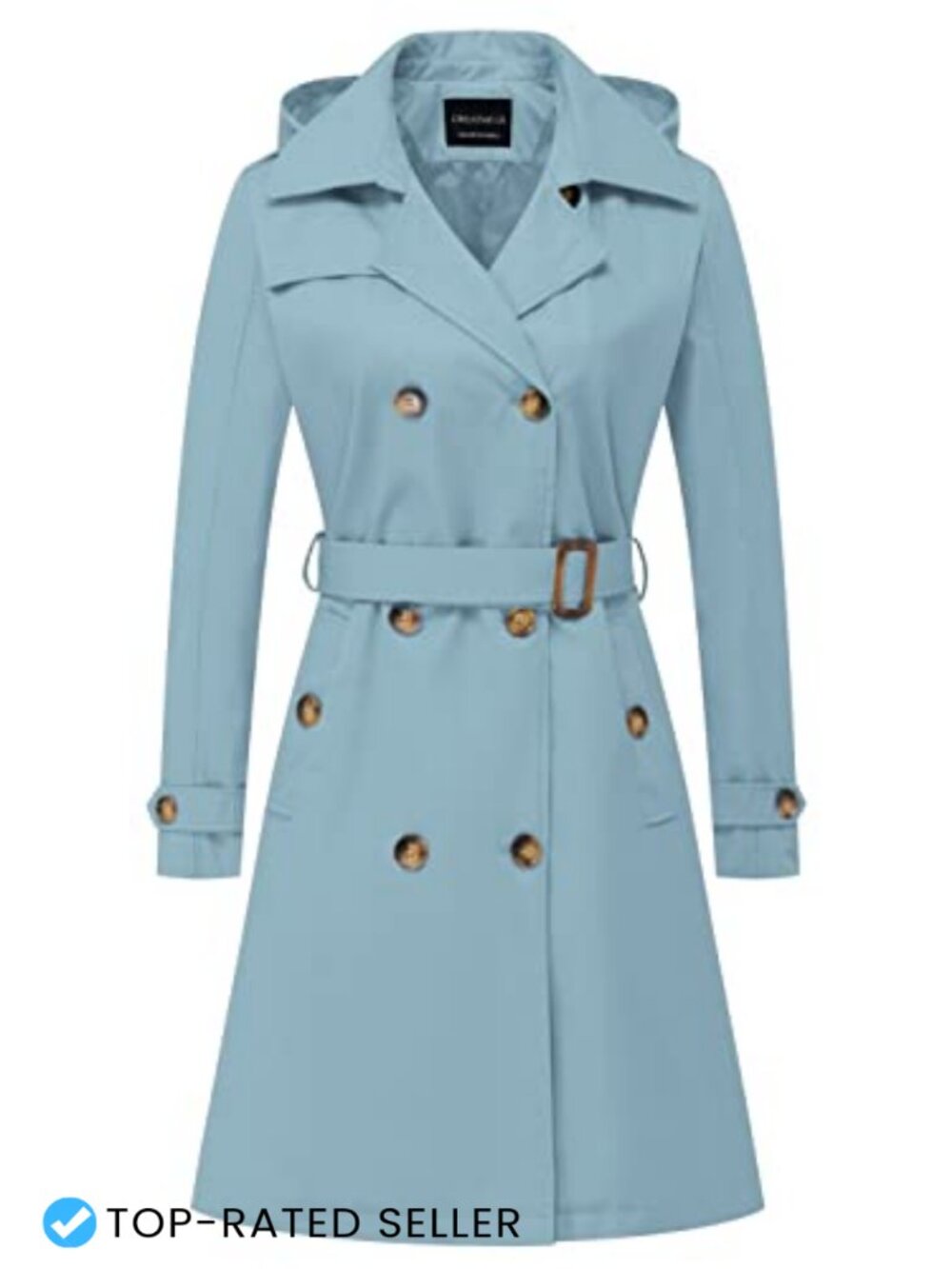 Women's Long Trench Coat Double-Breasted Belted Overcoat with Detachable Hood